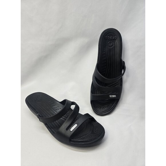 Crocs Patricia Wedge Strappy Slide Slip On Sandals Womens Size 10 Black - Picture 1 of 8